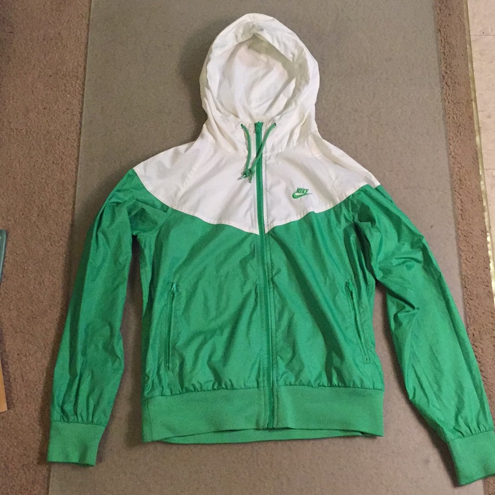 Green and white hooded windbreaker